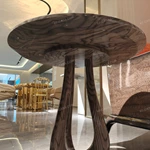 Round Sofa Side Table with Radial Natural Wood Veneer Top Sculptural Loop Pedestal and Circular Base
